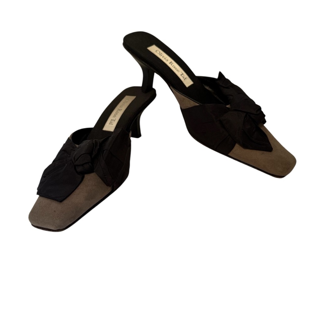 OLIVIA ROSE TAL SHOES MULES GRAY SUEDE LARGE BLACK BOW USA SIZE 6